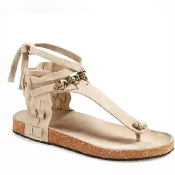 Free People Cream Leather Lace-up Thong Cork bed Sandals, 7M - Picture 1 of 12